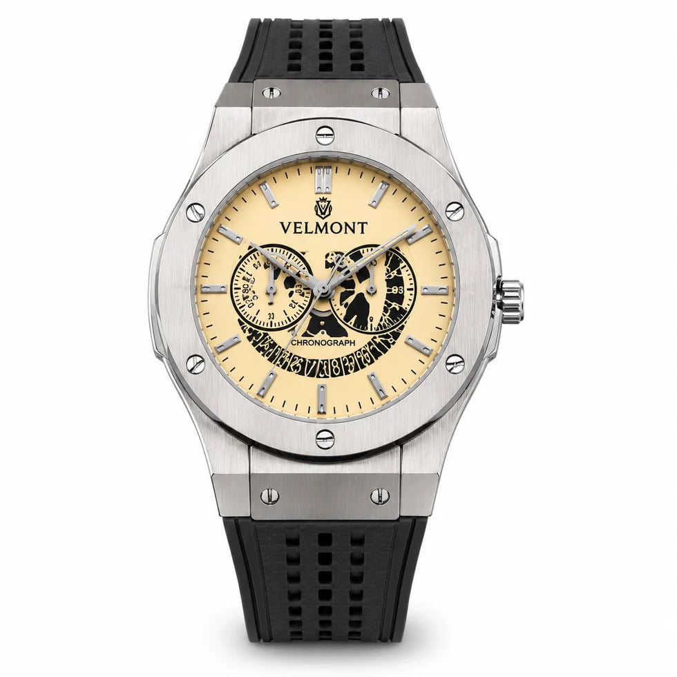 Noir Edge Men’s Chronograph-Style Watch – Silver Dial, Gunmetal Case & Textured Strap