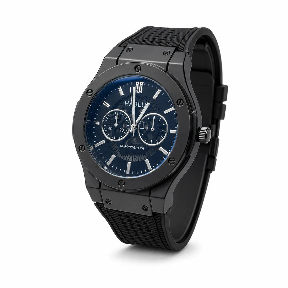 Noir Edge Men’s Chronograph-Style Watch – Silver Dial, Gunmetal Case & Textured Strap