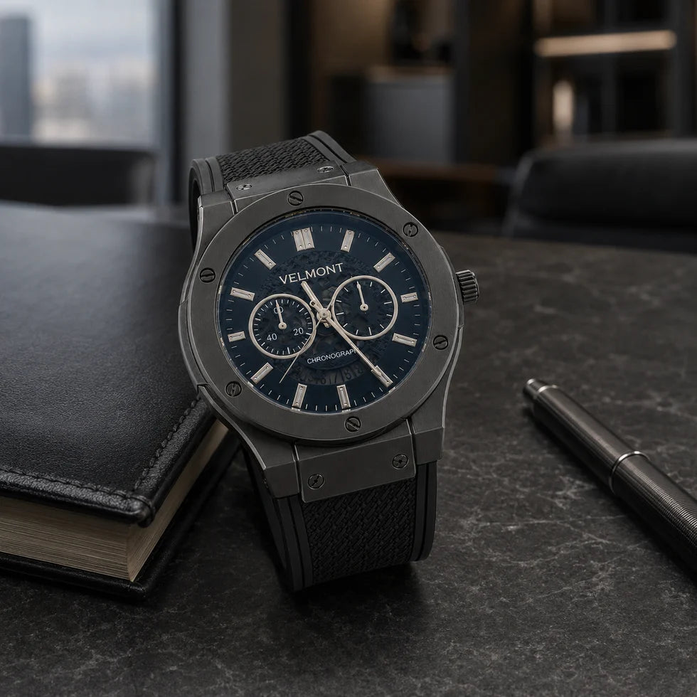 Noir Edge Men’s Chronograph-Style Watch – Silver Dial, Gunmetal Case & Textured Strap