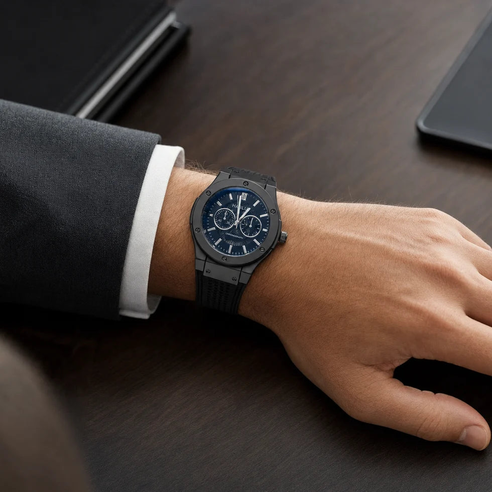 Noir Edge Men’s Chronograph-Style Watch – Silver Dial, Gunmetal Case & Textured Strap