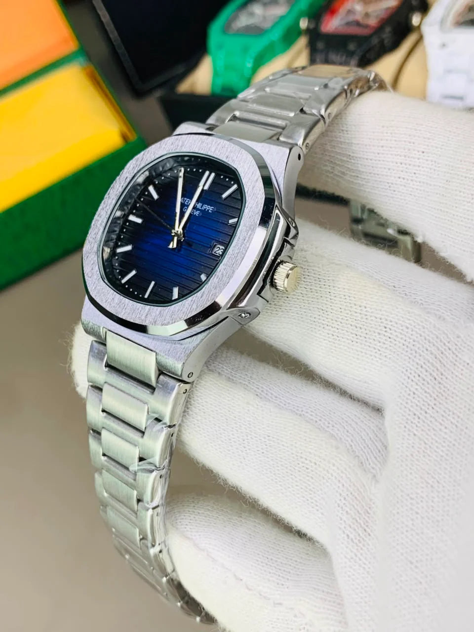 Nautilus Style Stainless Steel Watch – Blue Dial