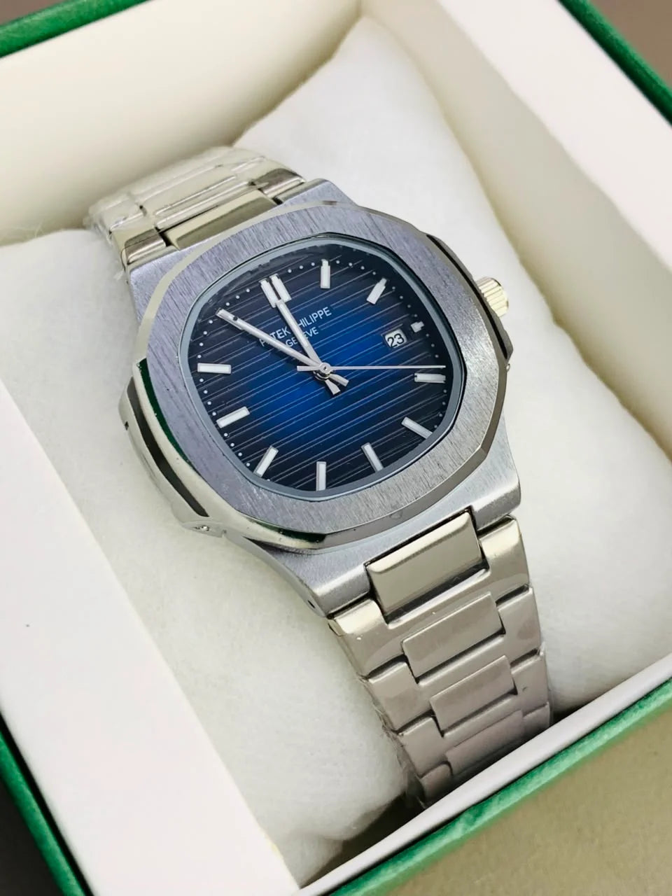 Nautilus Style Stainless Steel Watch – Blue Dial
