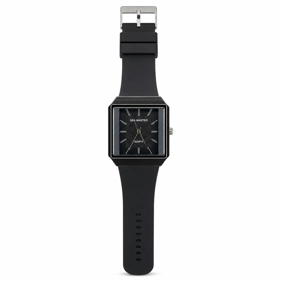 Square Dial Quartz Watch for Men – Silver-Tone Case & Grey Silicone Strap