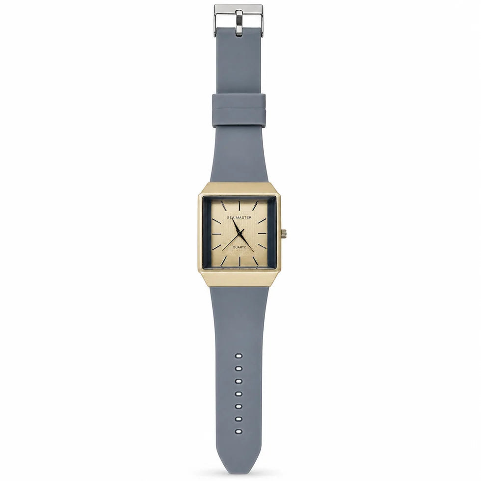 Square Dial Quartz Watch for Men – Silver-Tone Case & Grey Silicone Strap