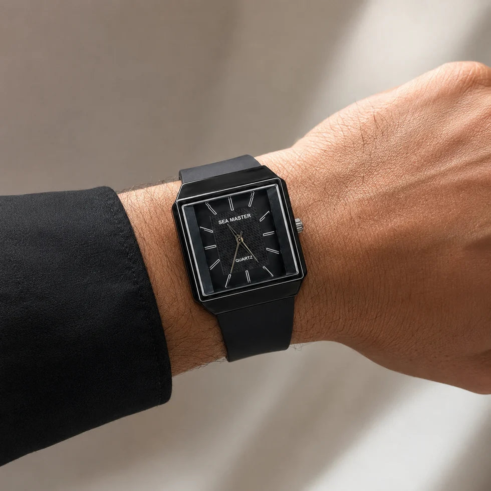 Square Dial Quartz Watch for Men – Silver-Tone Case & Grey Silicone Strap